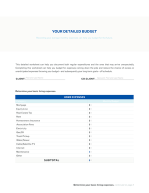 Detailed Budget Worksheet