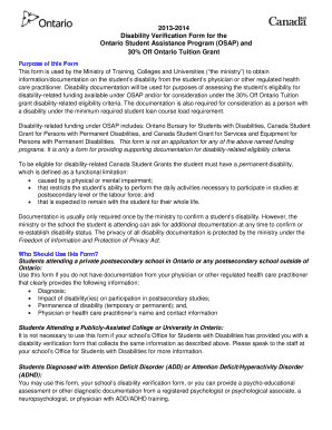 Disability Verification Form for OSAP and 30% Off Ontario Tuition Grant