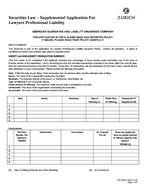 Securities Law Supplemental Application for Lawyers Professional Liability