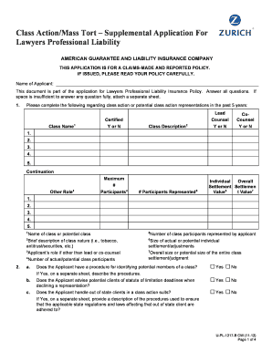 Class Action/Mass Tort Supplemental Application for Lawyers Professional Liability