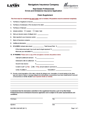 Real Estate Errors and Omissions Insurance Claim Supplement