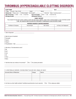 Thrombus Hypercoagulable Clotting Disorder Form