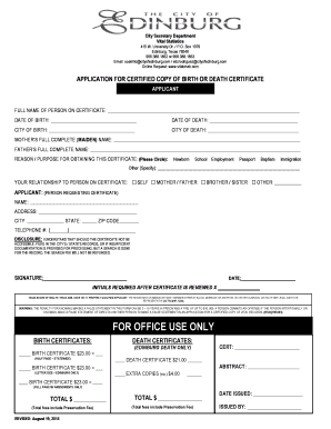 Application for Certified Copy of Birth or Death Certificate