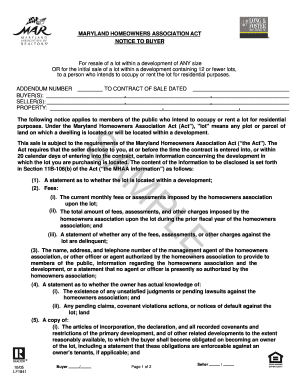 Maryland Homeowners Association Act Notice to Buyer