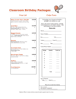 Classroom Birthday Packages Order Form