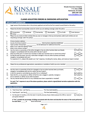 Claims Adjusters Errors & Omissions Application