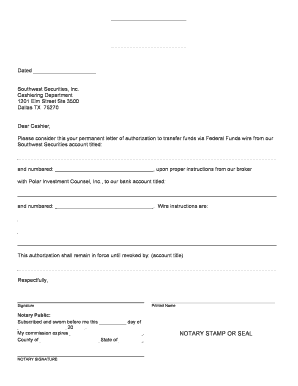 Permanent Letter of Authorization for Funds Transfer