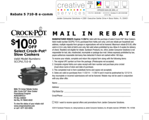 Crock-Pot Slow Cooker Mail-In Rebate Form