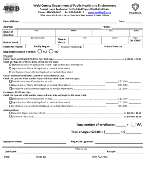 Funeral Home Application for Certified Copy of Death Certificate