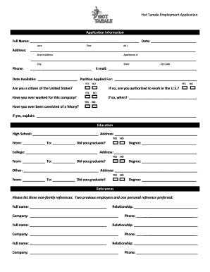 Hot Tamale Employment Application Form