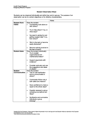 Intel Teach Program Student Observation Sheet