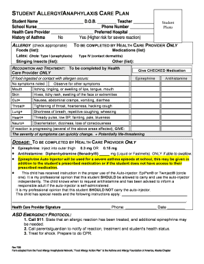 Student Allergy Anaphylaxis Care Plan