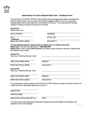 Authorization for Direct Deposit/Cash Card
