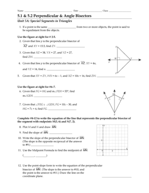 Perpendicular and Angle Bisectors Worksheet