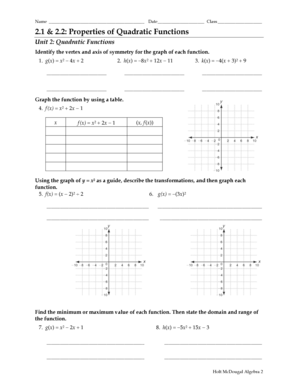 Quadratic Functions Worksheet