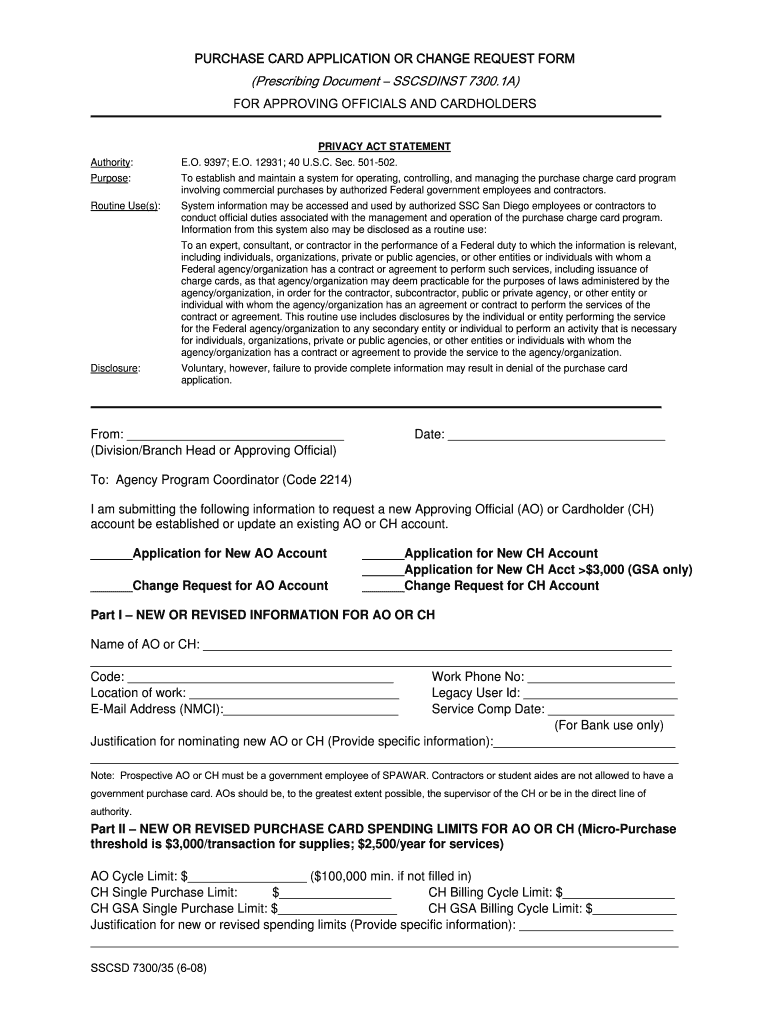 PURCHASE CARD APPLICATION OR CHANGE REQUEST FORM Preview on Page 1