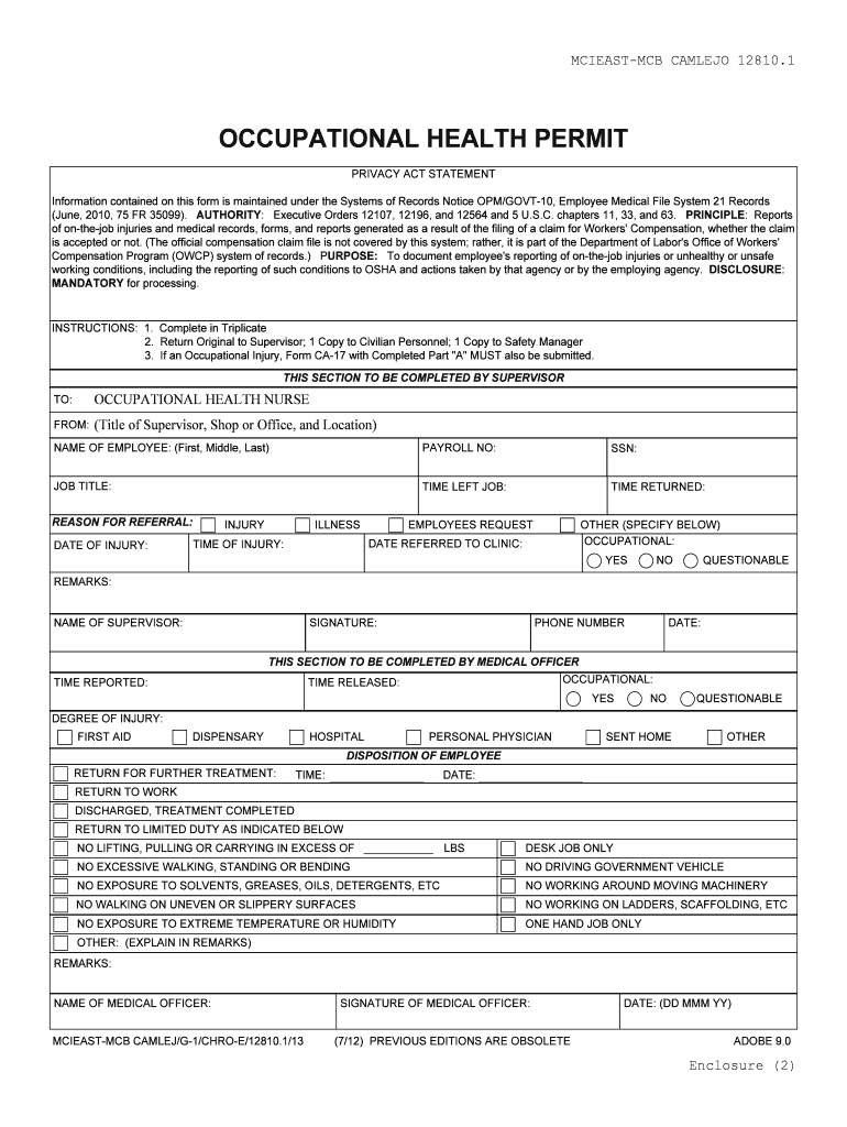 OCCUPATIONAL HEALTH PERMIT - Naval Forms Online Preview on Page 1