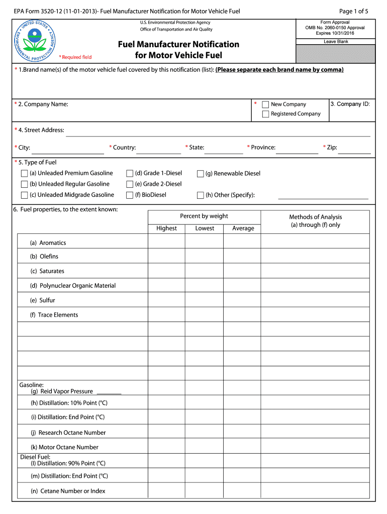 EPA Form 3520-12 - Fuel Manufacturer Notification for Motor Preview on Page 1