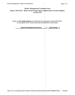 Docket Management Comm nt Form Docket: 02N-0274 ... - fda