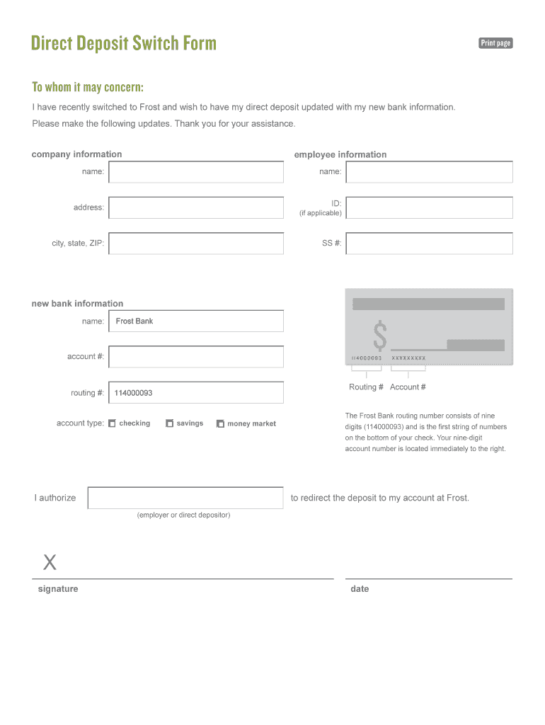 frost bank direct deposit form Preview on Page 1.