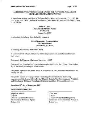 Town of Lenox Wastewater Treatment Plant (WWTP), Final Permit, ma0100935, 09/12/2007. Contains NPDES permit, forms & attachments for the Town of Lenox in MA to discharge from its WWTP in Lenox Dale to the Housatonic River - epa