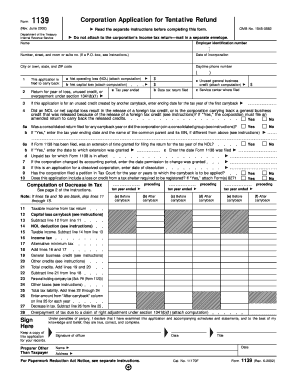 IRS Form 1139 Corporation Application for Tentative Refund