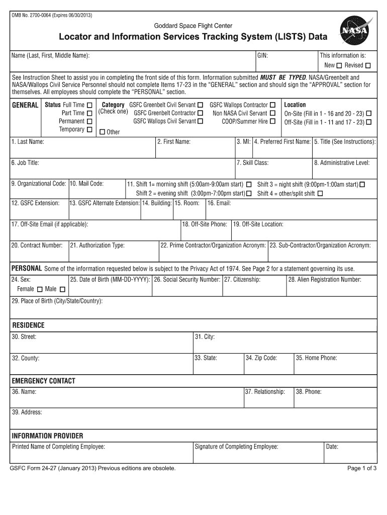 application nasa form Preview on Page 1
