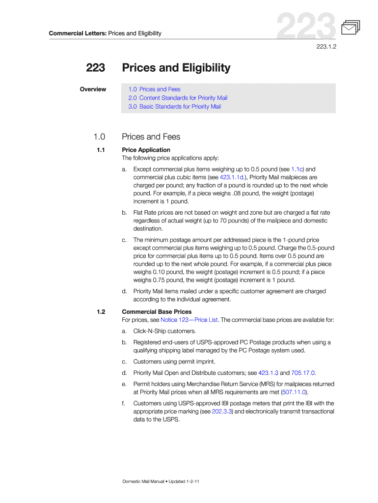 DMM 223 Priority Mail Prices and Eligibility for Commercial Letters Preview on Page 1
