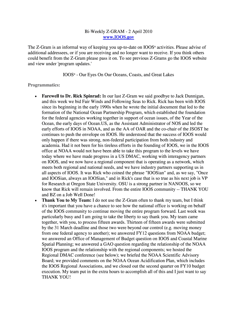 Bi-Weekly Z-GRAM - 2 April 2010 IOOS The Z - NOAA Preview on Page 1