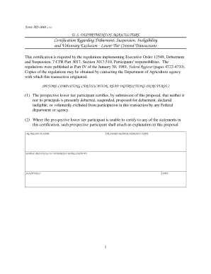 USDA Debarment Certification Form AD-1048