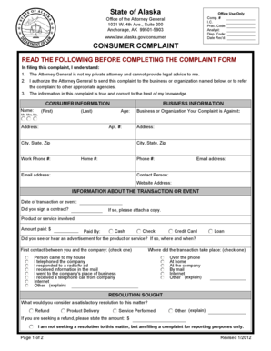 Alaska Consumer Complaint Form