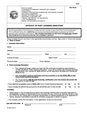 Alaska Post Licensing Education Affidavit