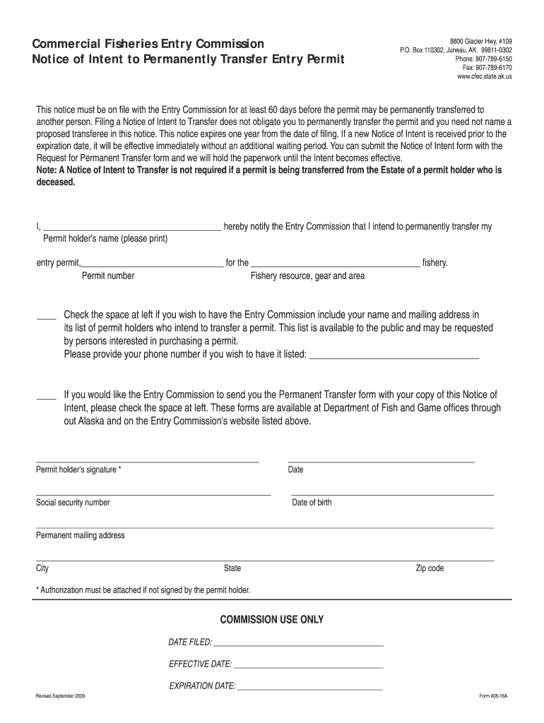 Notice of Intent to Permanently Transfer Entry Permit - Alaska ... Preview on Page 1