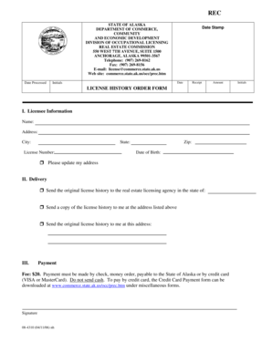 Alaska License History Order Form
