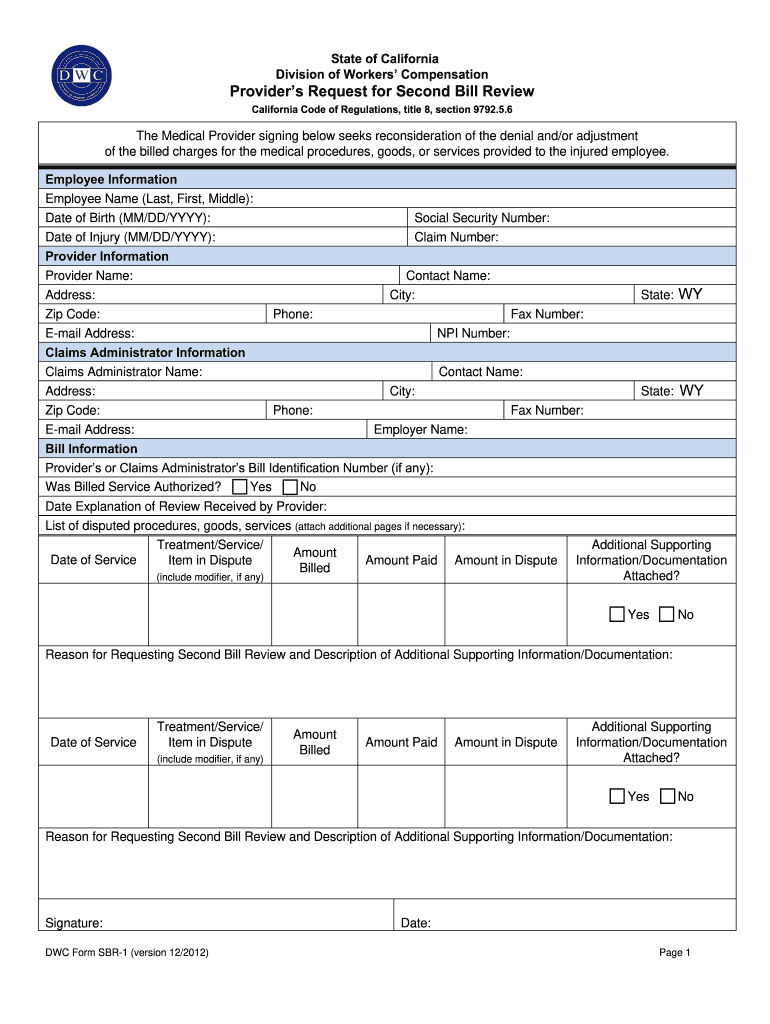 2012 Form CA DWC SBR-1 Fill Online, Printable, Fillable, Blank - pdfFiller