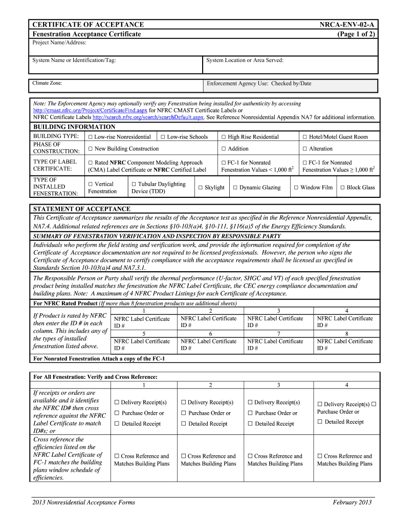 CERTIFICATE OF ACCEPTANCE NRCA-ENV-02-A Fenestration ... - energy ca Preview on Page 1.