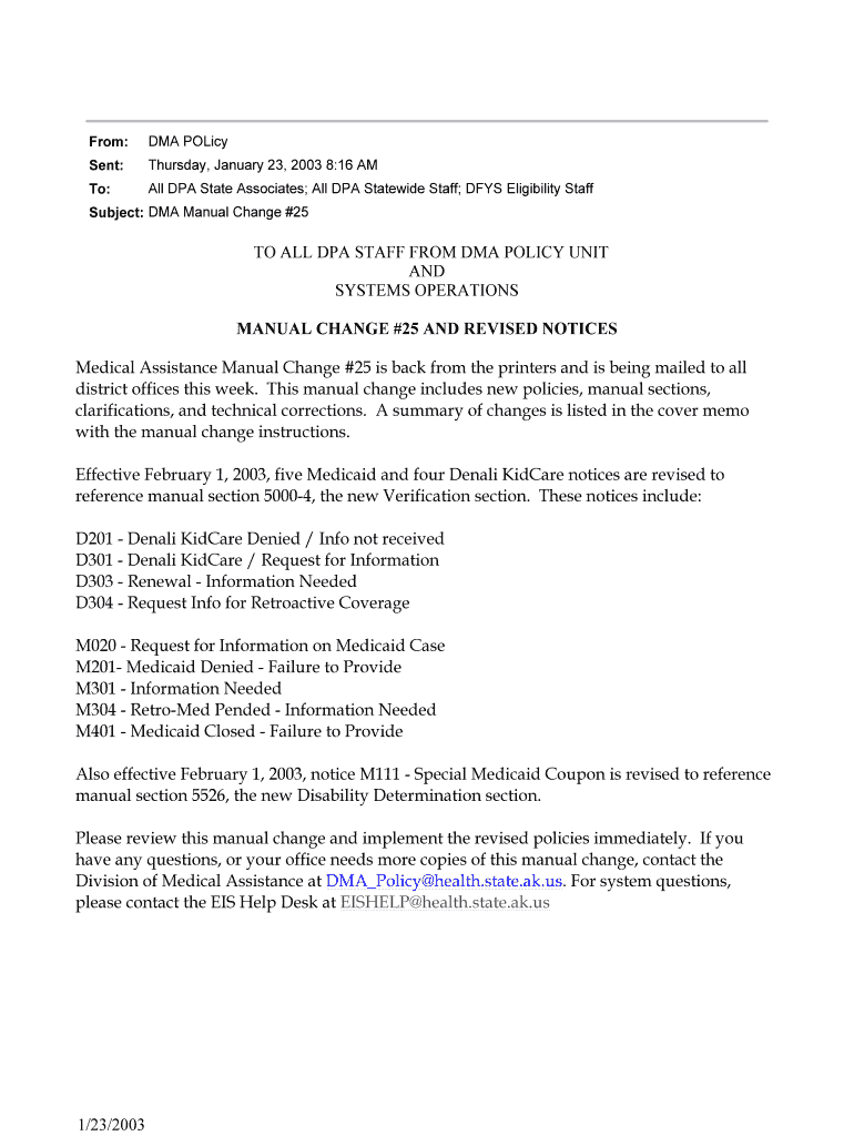 1 23 2003 TO ALL DPA STAFF FROM DMA POLICY UNIT AND - dpaweb hss state ak Preview on Page 1