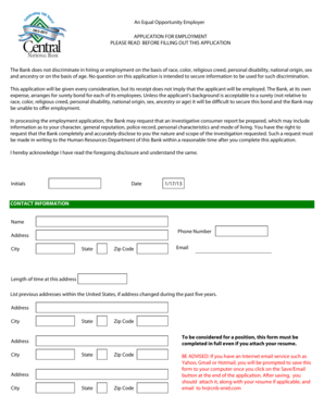 Bank Employment Application Form