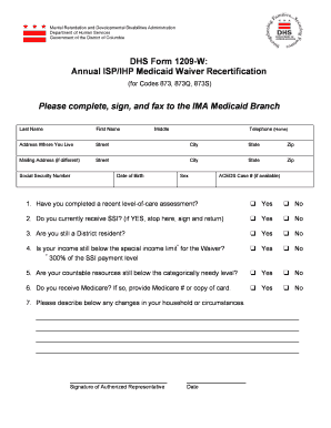 DHS Form 1209-W Annual Medicaid Waiver Recertification