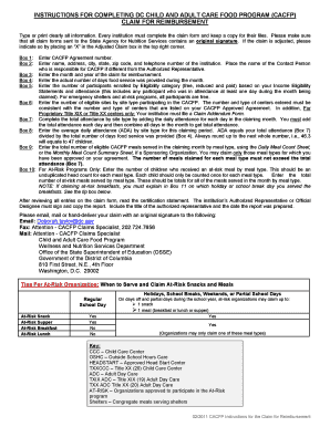 DC Child and Adult Care Food Program Claim Form