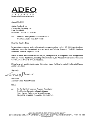 Termination Letter - Arkansas Department of Environmental Quality - adeq state ar