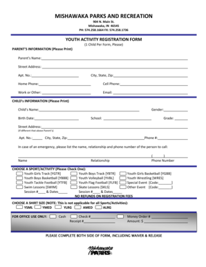 Mishawaka Youth Activity Registration Form