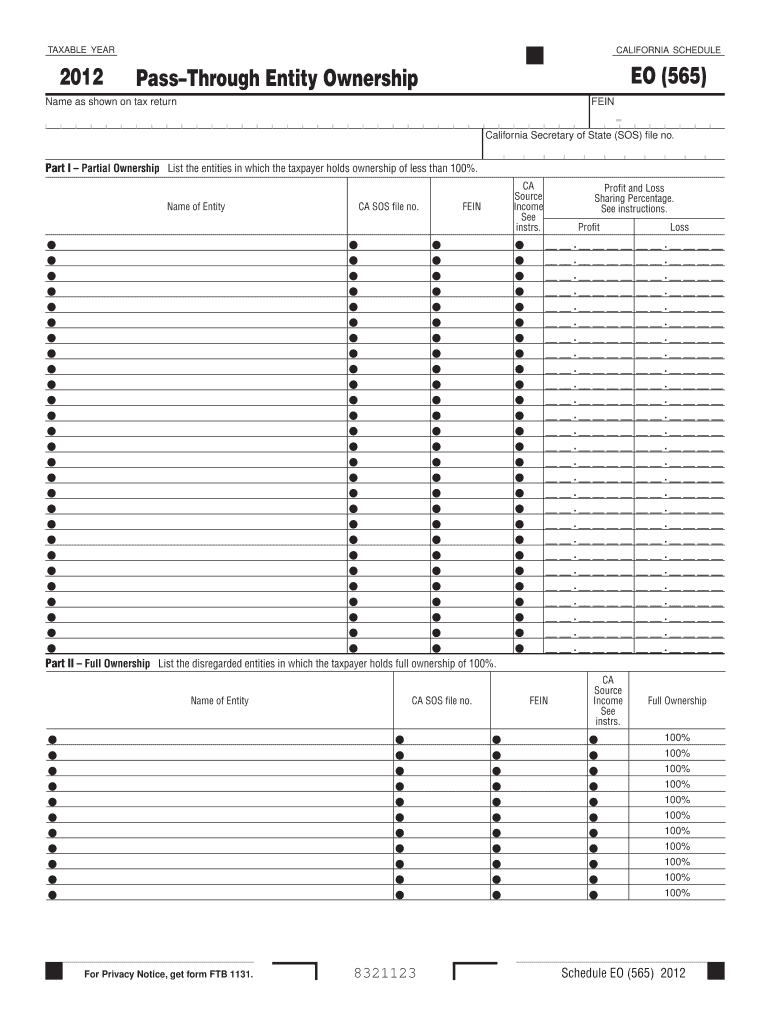 Fillable Online ftb ca 2012 Schedule EO (565) Pass Through Entity