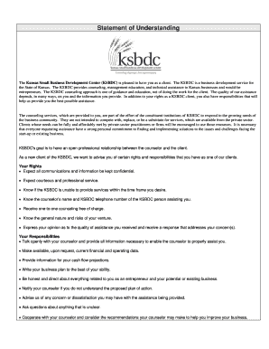 Kansas Small Business Development Center Statement of Understanding