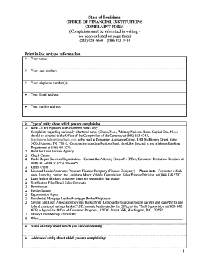 Louisiana Financial Institution Complaint Form