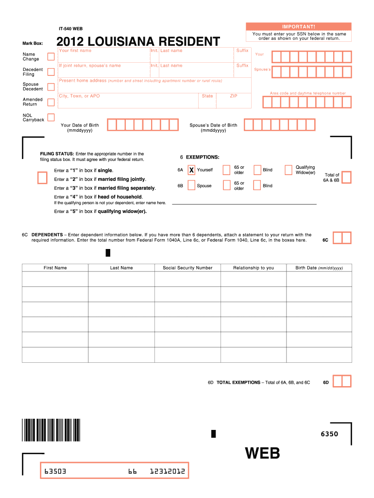 2012 Form LA IT540 Fill Online, Printable, Fillable, Blank pdfFiller