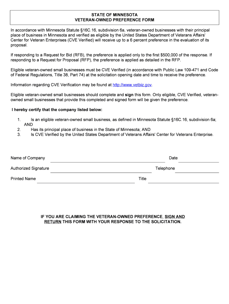 Fillable Online dot state mn STATE OF MINNESOTA VETERANOWNED