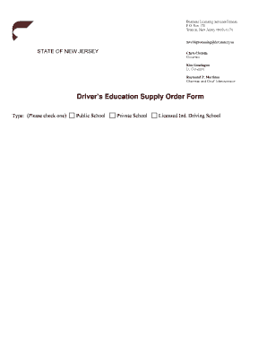 New Jersey Driver’s Education Supply Order Form