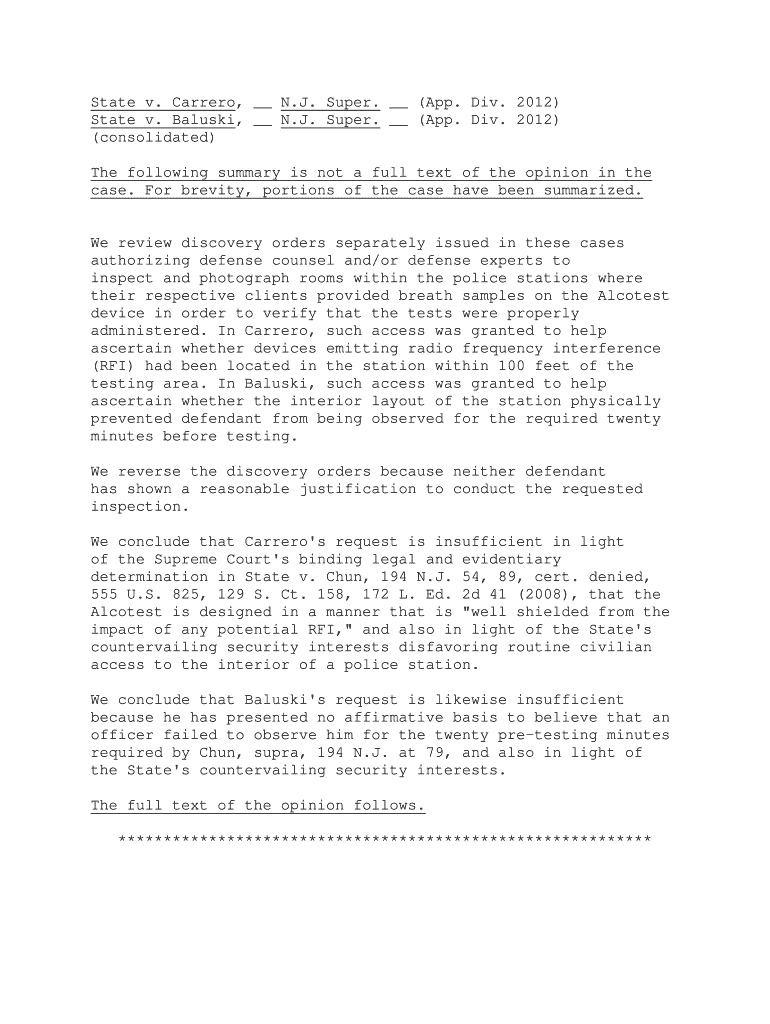 State v Carrero, N J Super (App Div 2012) State v Baluski - judiciary state nj Preview on Page 1
