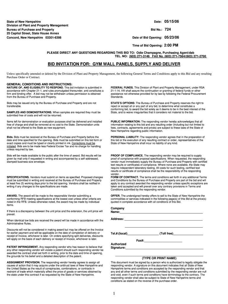 BID INVITATION FOR GYM WALL PANELS, SUPPLY AND DELIVER - admin state nh Preview on Page 1